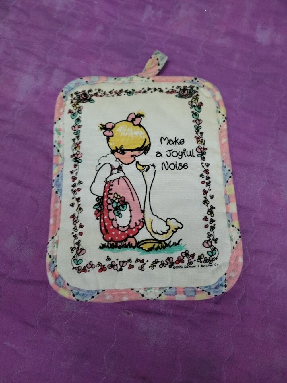 Precious Moments Pot Holder Girl Goose Pastel Patchwork Backing Kitchen VTG 1990